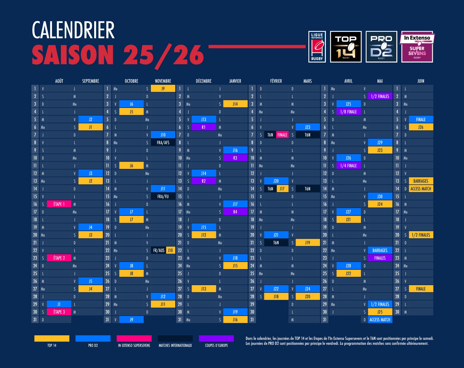 Calendrier 2025/2026 : les dates connues