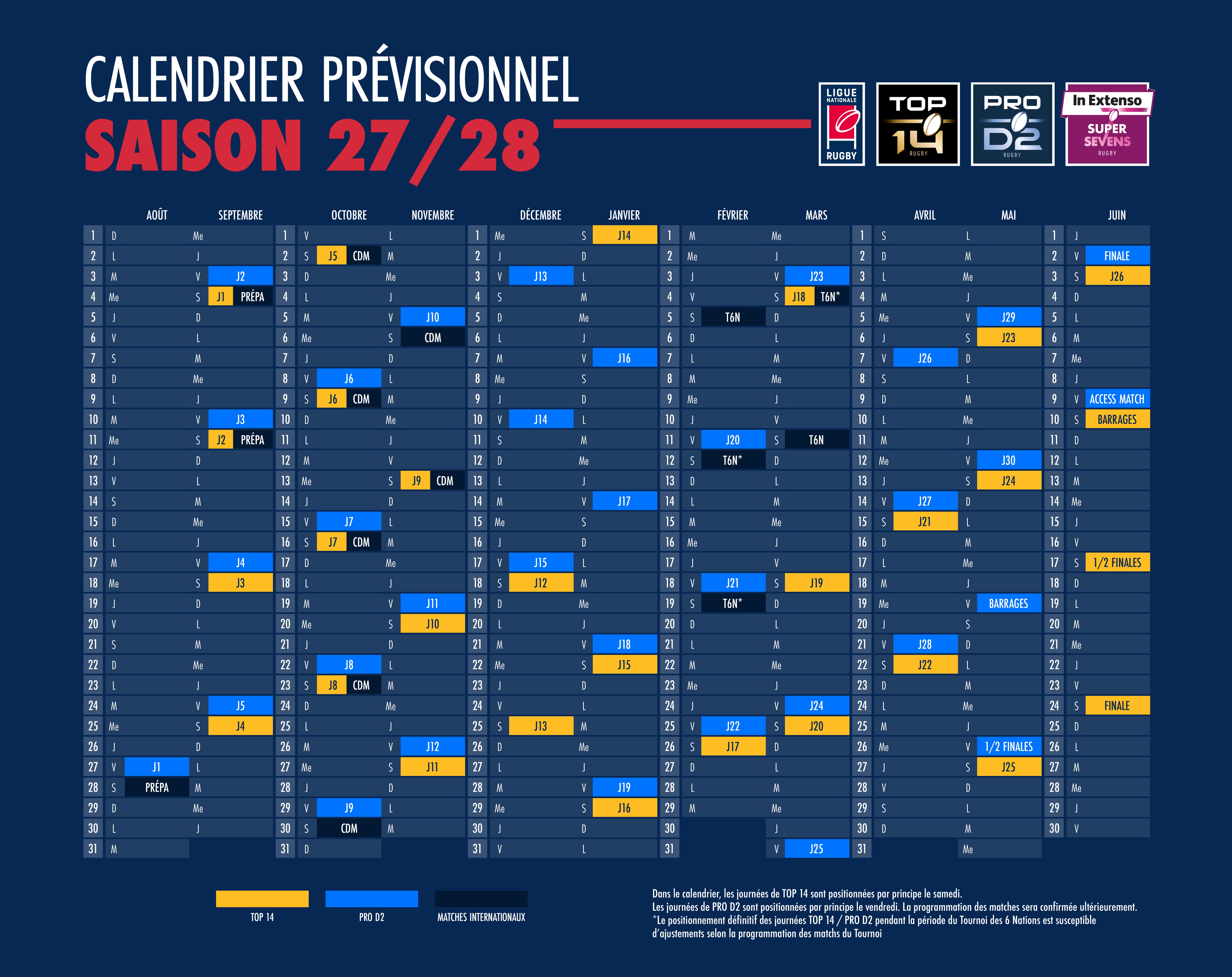 Le calendrier prévisionnel de la saison 2027-2028
