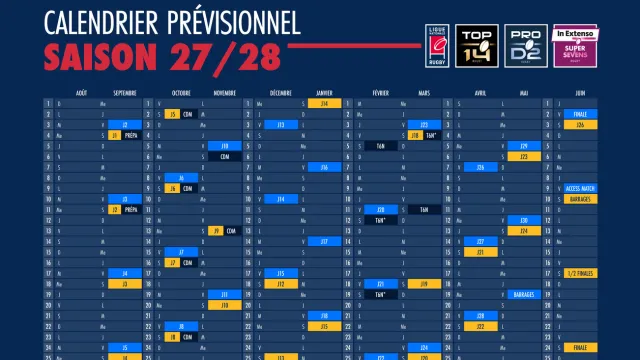 Le calendrier prévisionnel de la saison 2027-2028