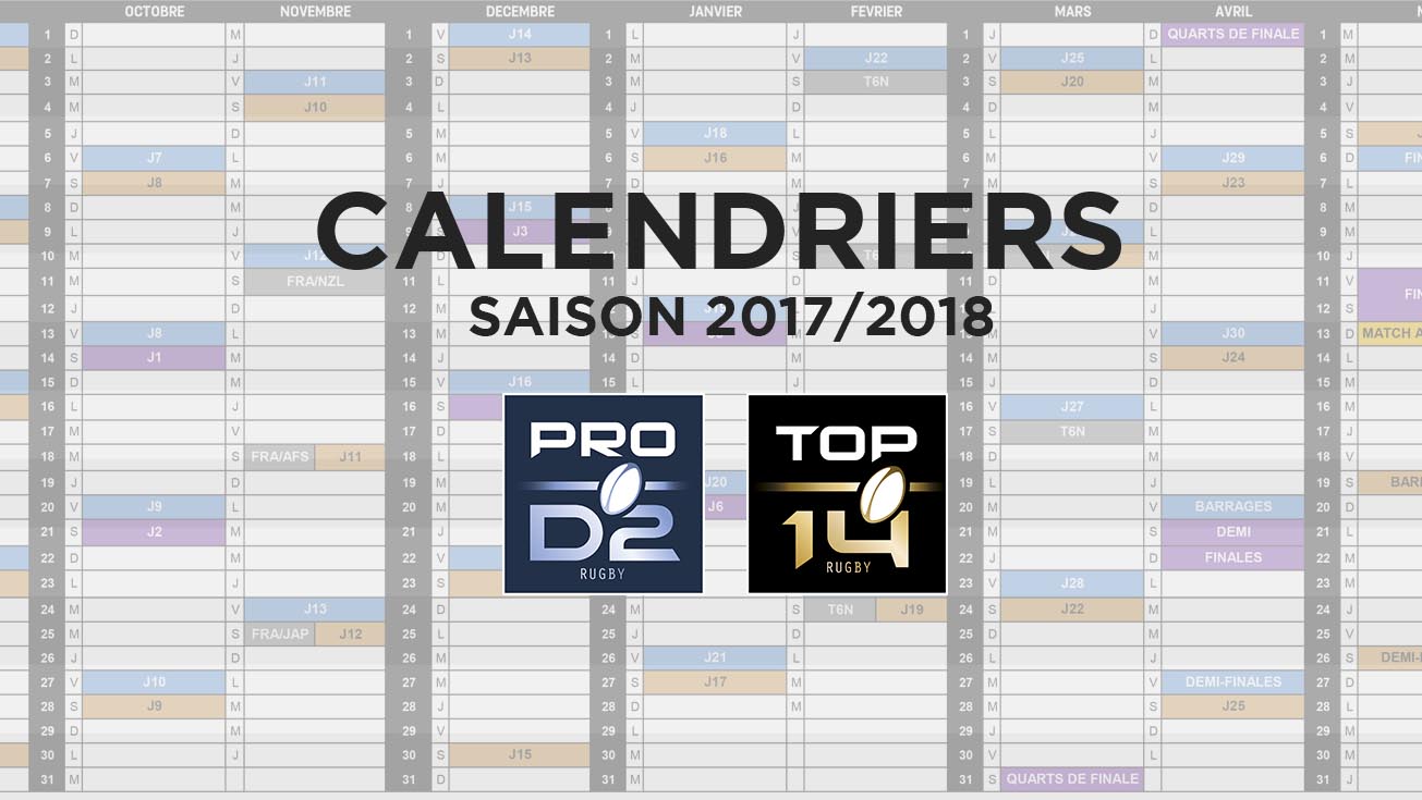CALENDRIERS 2017/2018 DE TOP 14 ET PRO D2